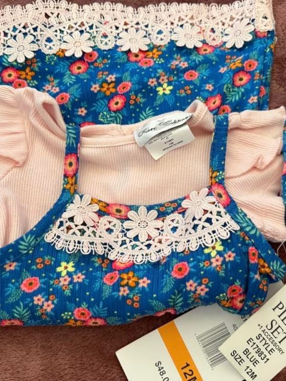 Rare Editions Blue Floral Lace-Trim Dress with Pink Bodice